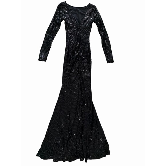 Black Sequin Long Sleeve Evening Gown Women’s Small Elegant Formal Dress - Picture 5 of 12